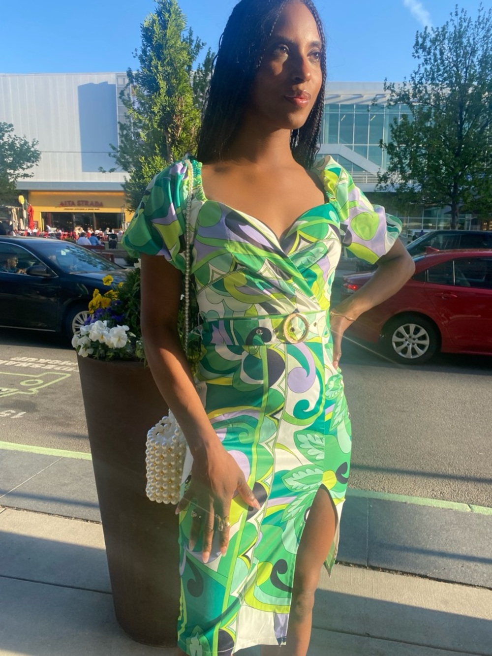 Green Abstract Print Midi Dress with Belt